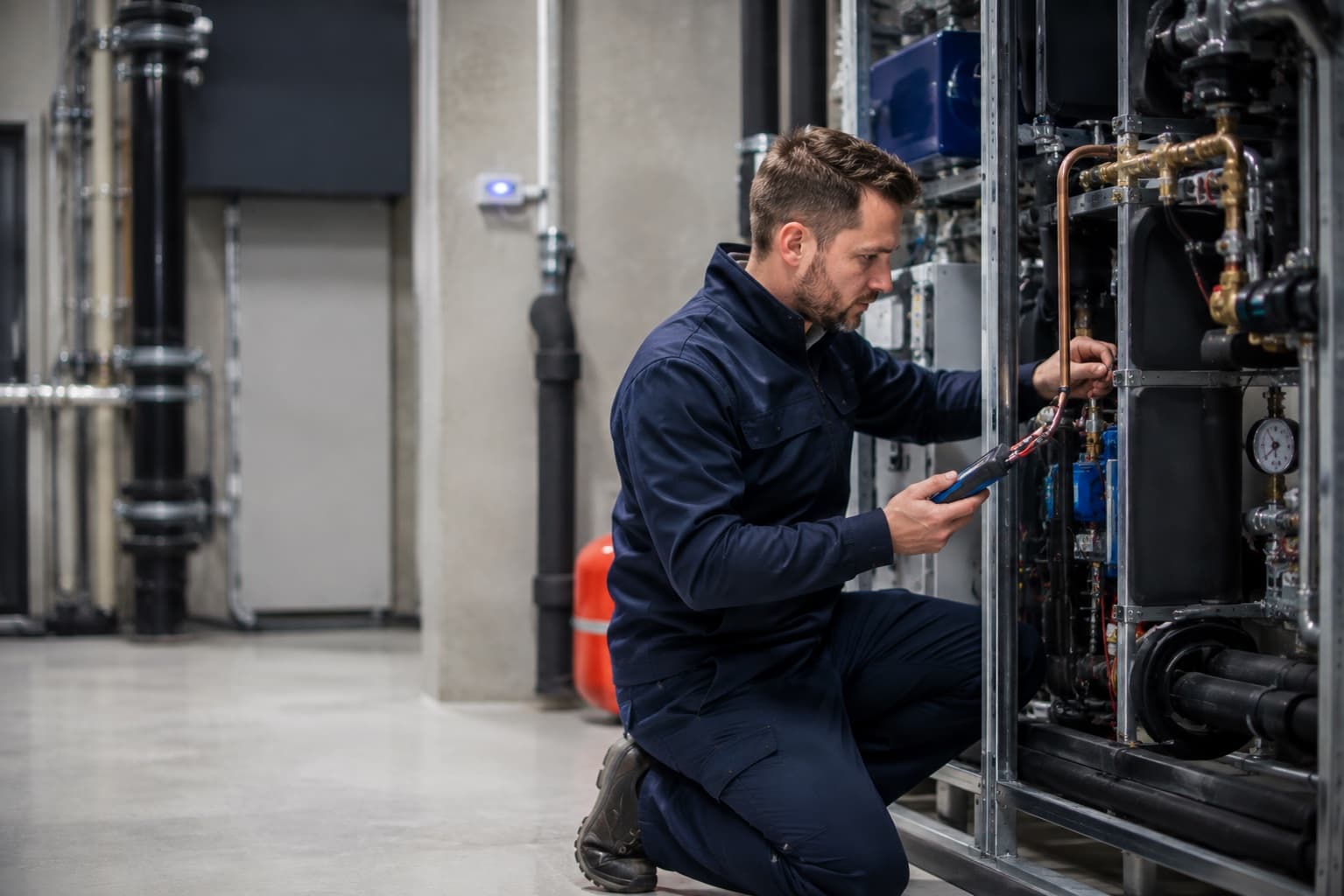 Servicemonteur controleert een technische installatie